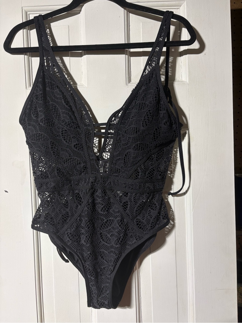 BECCA Black Crochet Deep V One-Piece Swimsuit